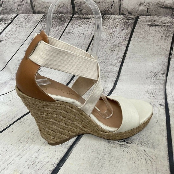 Jean Michel Cazabat Ivory Leather Textile Espadrille Wedge Sandals Size 6.5 - Picture 5 of 12